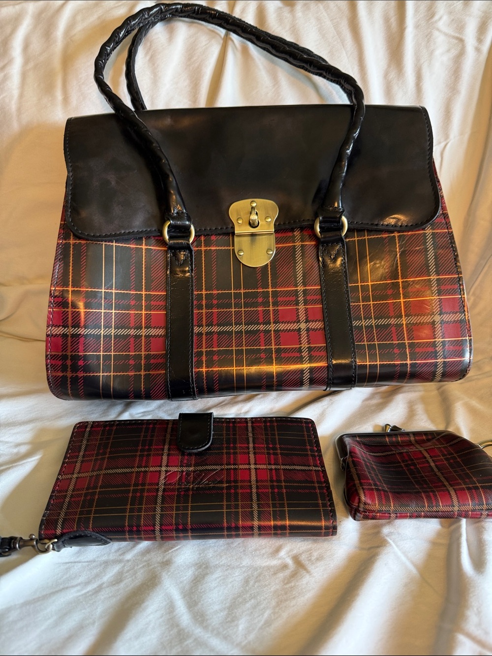 Patricia Nash Black & Red Plaid Leather-Trim Satchel Bag with Matching Wallets